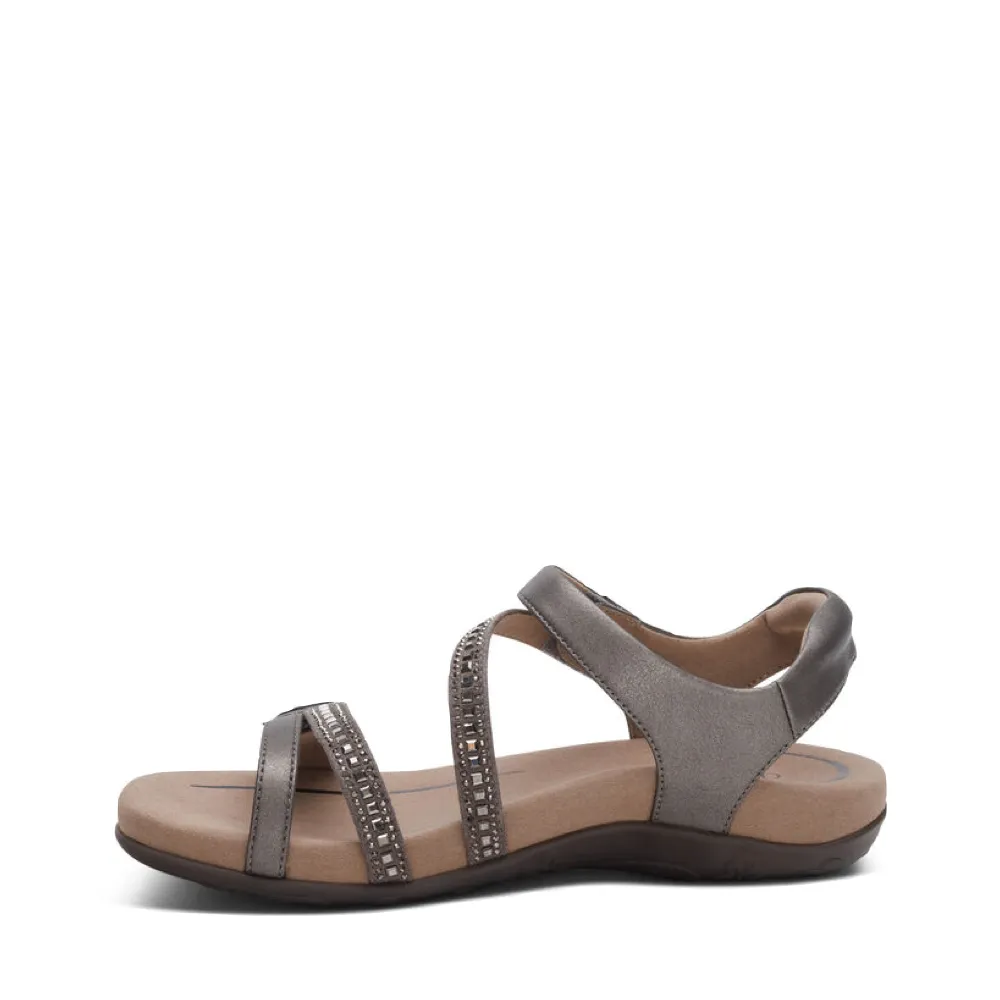 Aetrex Women's Jess Adjustable Quarter Strap Sandal in Pewter Sparkle