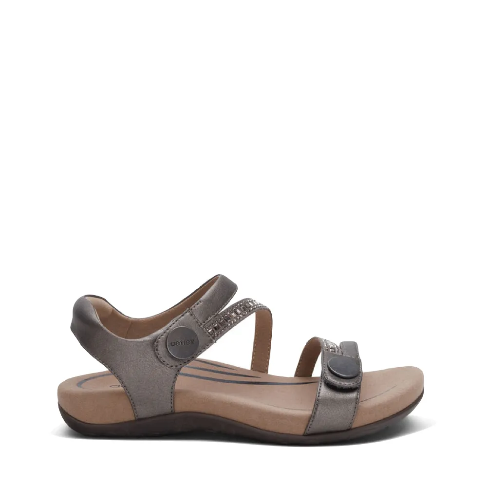 Aetrex Women's Jess Adjustable Quarter Strap Sandal in Pewter Sparkle