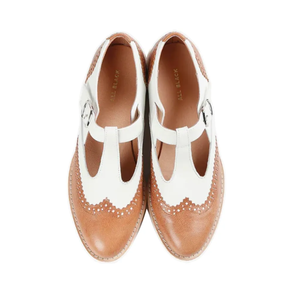 All Black Women's Belted Wings Leather Mary Jane in Brown/White
