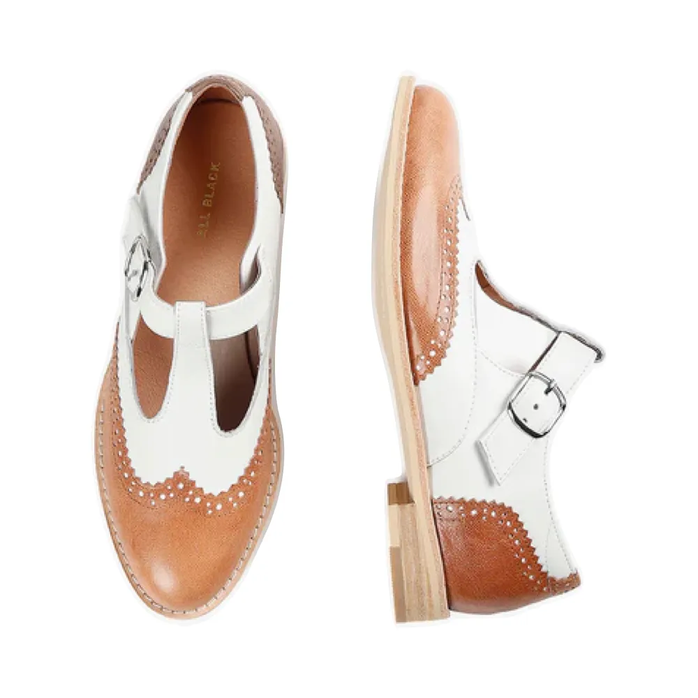 All Black Women's Belted Wings Leather Mary Jane in Brown/White