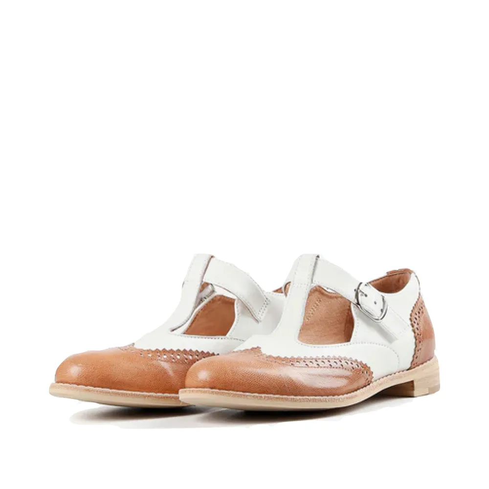 All Black Women's Belted Wings Leather Mary Jane in Brown/White