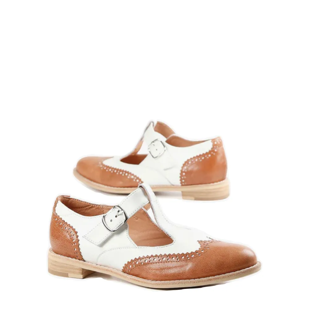 All Black Women's Belted Wings Leather Mary Jane in Brown/White