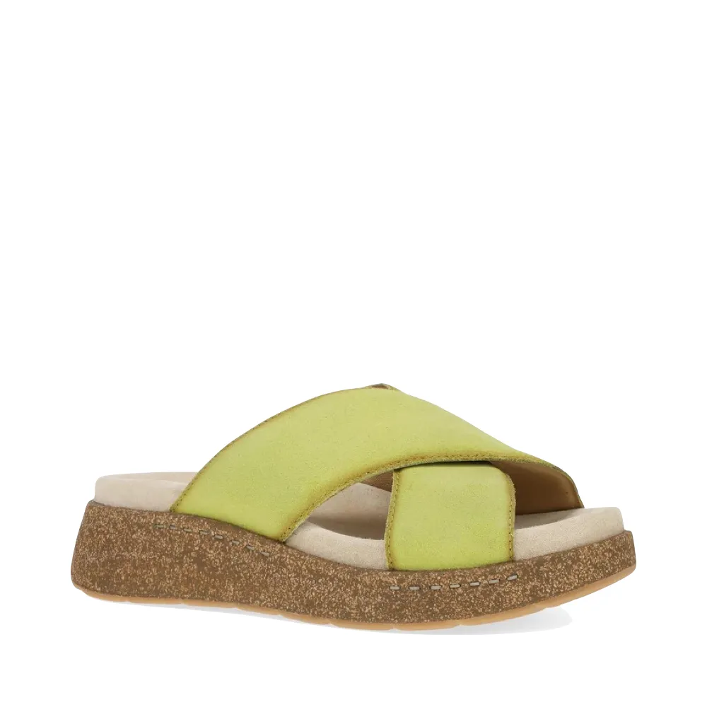 Dansko Women's Bridget Leather Platform Slide Sandal in Lime Burnished Suede