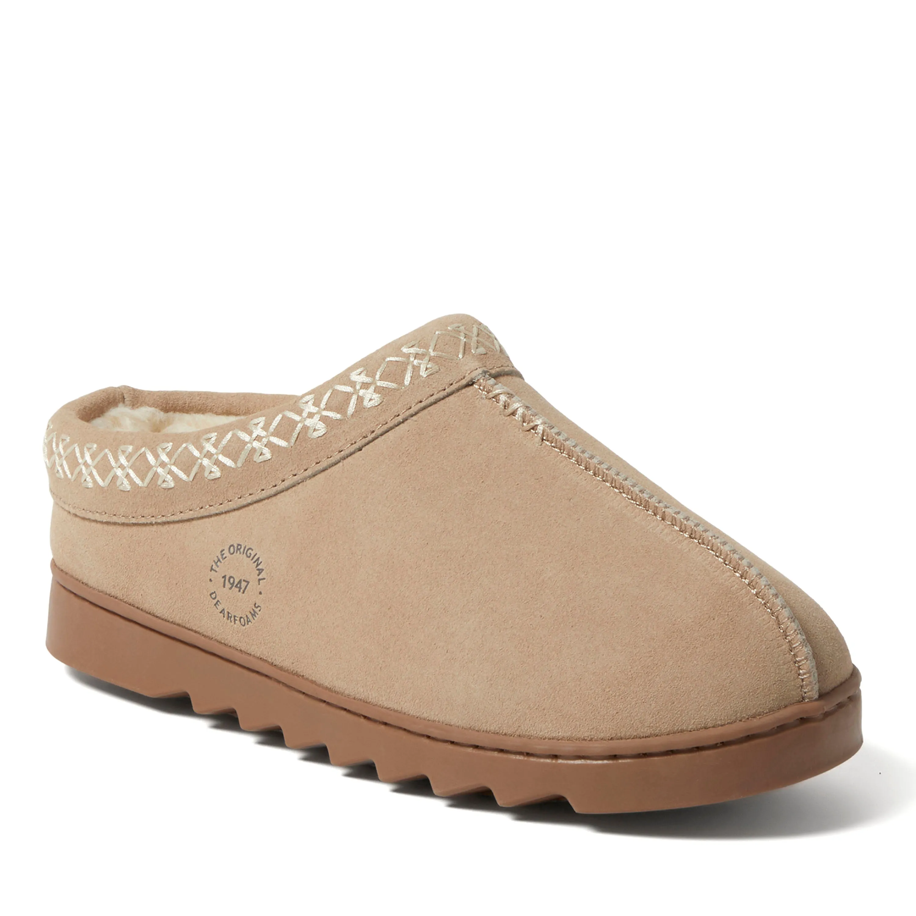 Dearfoams Women's Doreen Genuine Suede Clog Slipper With Embroidery