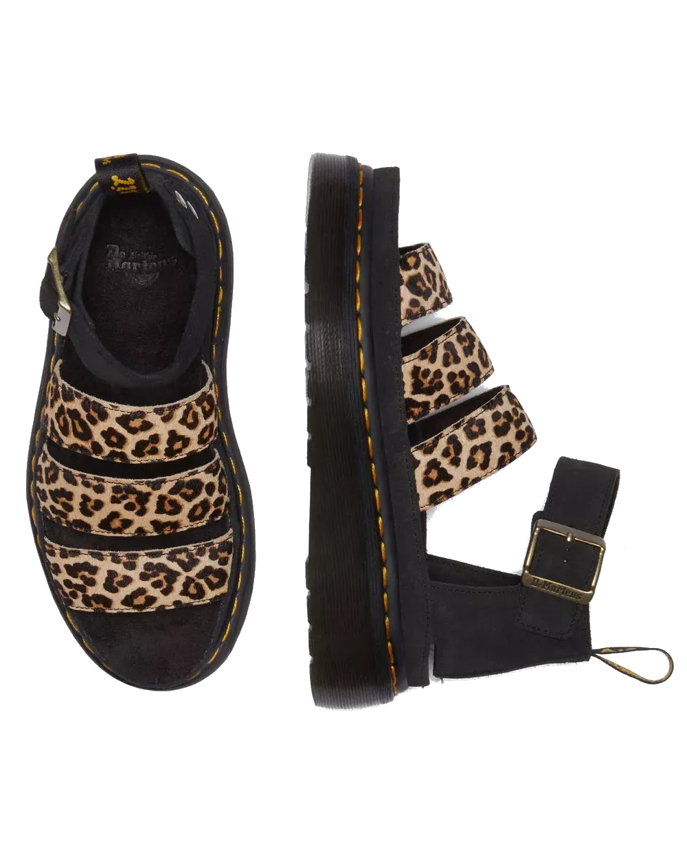 Dr Martens Shoes Clarissa II Quad Leopard Spot Hair On Sandals in Light Tan & Black