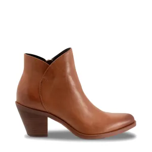 EOS Footwear Women's Ellie Heeled Leather Side Zip Boot in Brandy