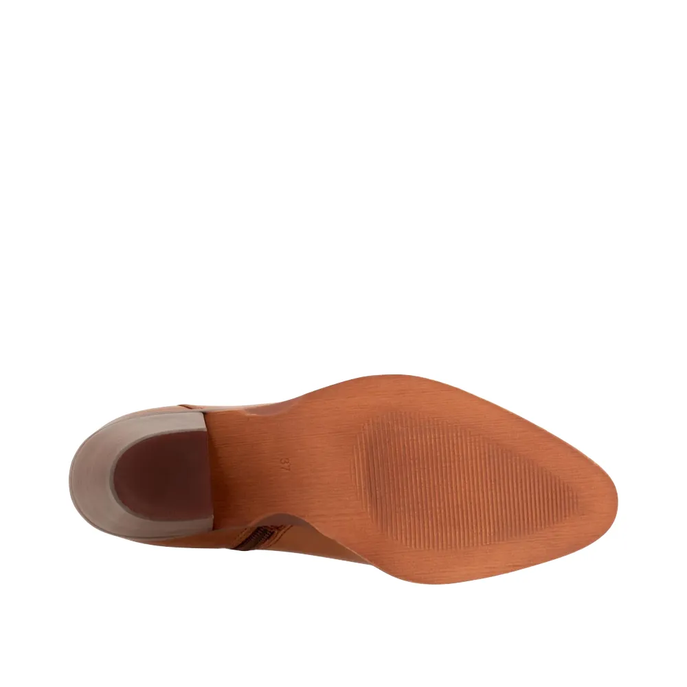 EOS Footwear Women's Ellie Heeled Leather Side Zip Boot in Brandy