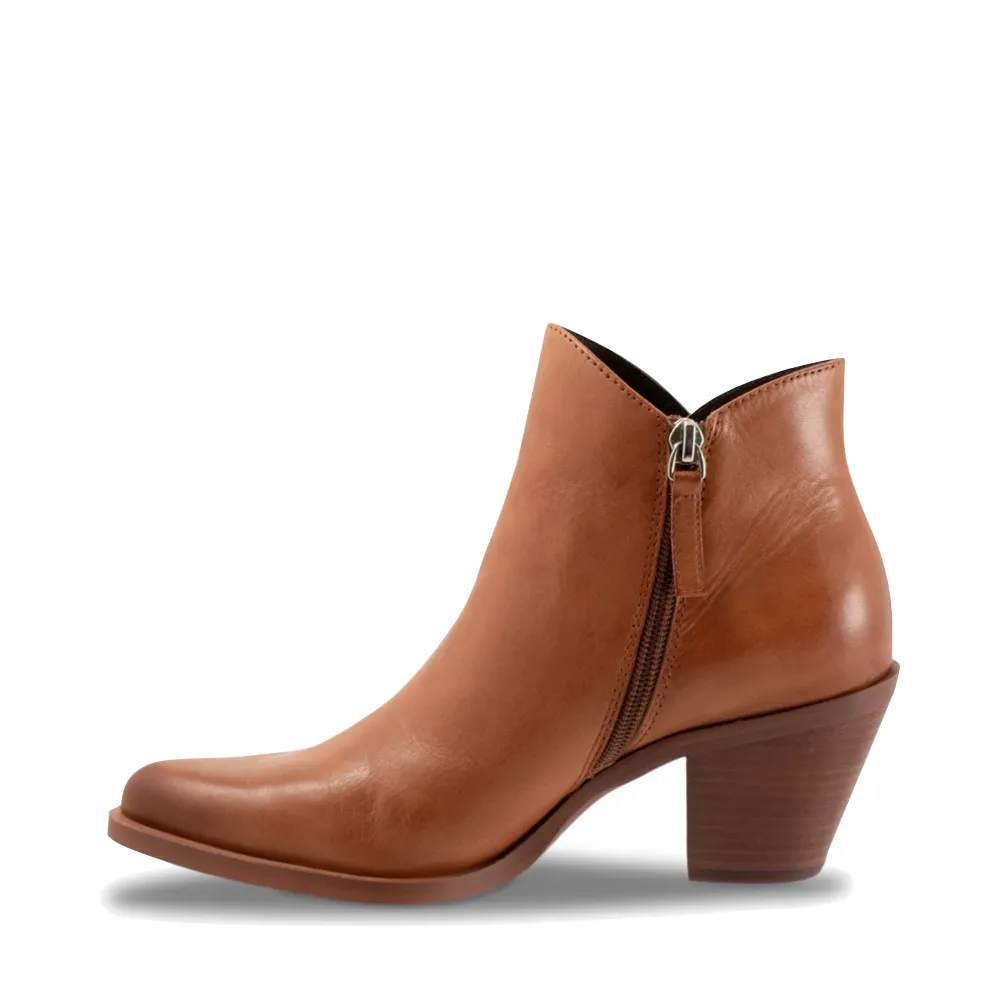 EOS Footwear Women's Ellie Heeled Leather Side Zip Boot in Brandy