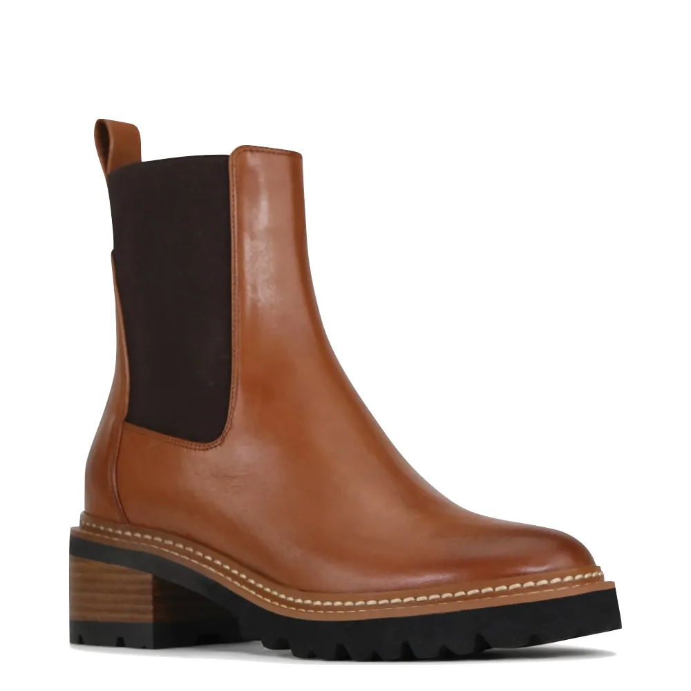 EOS Footwear Women's Linear Heeled Leather Pull On Chelsea Boot in Brandy