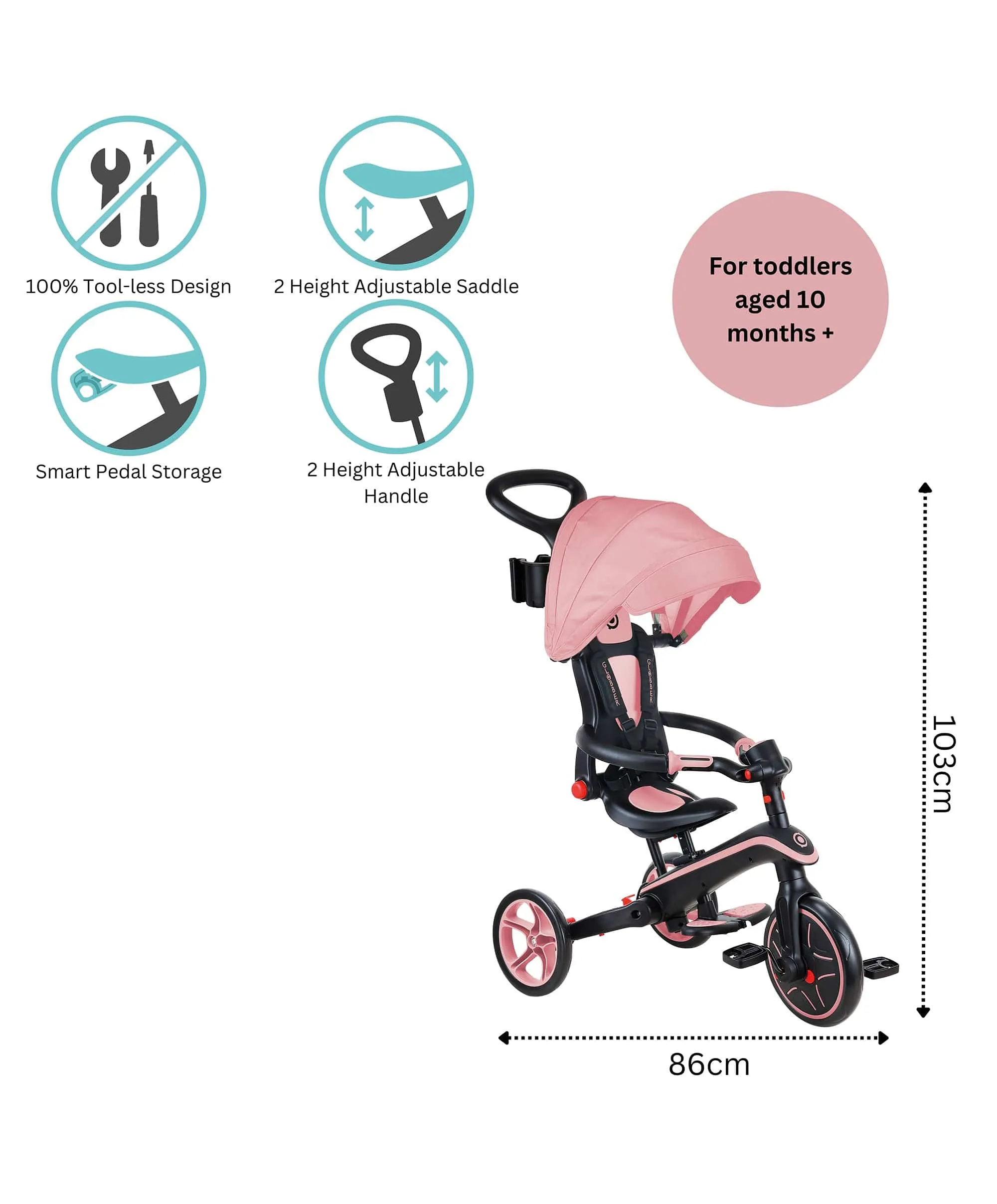 Globber Explorer Foldable 4-in-1 Trike - Pastel Pink Babykids Globber