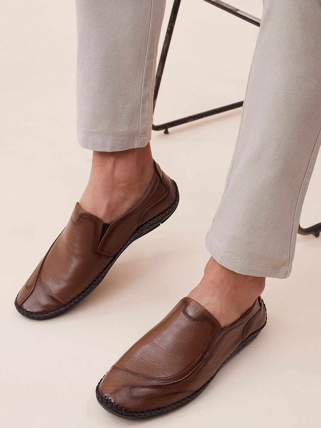HITZ101 Men's Tan Leather Casual Slip-On Shoes