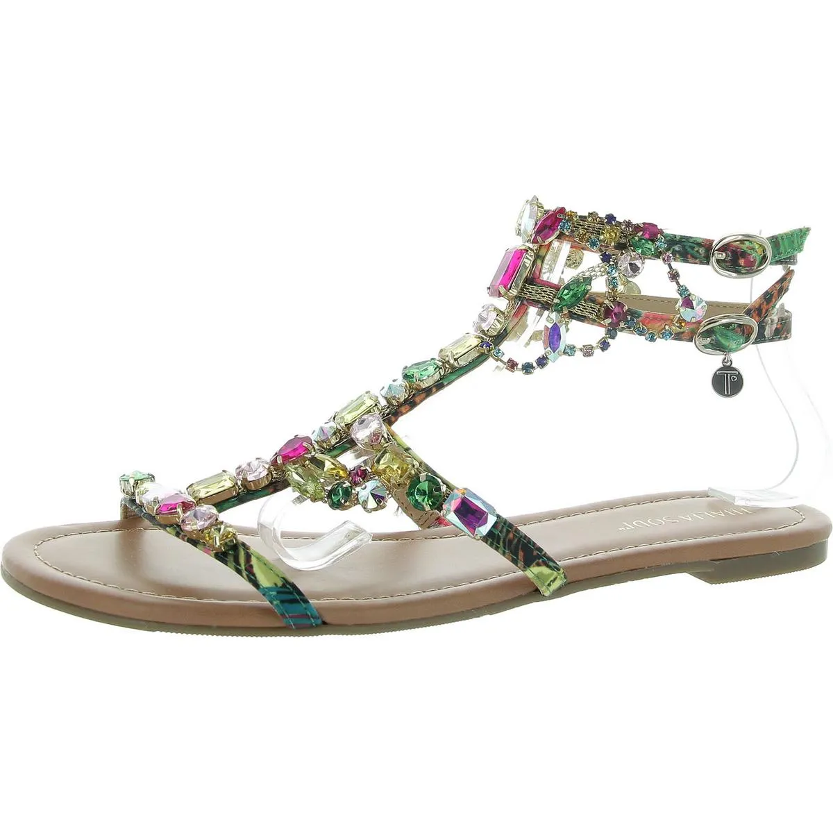 Jenesis Womens Rhinestone Faux Leather Gladiator Sandals