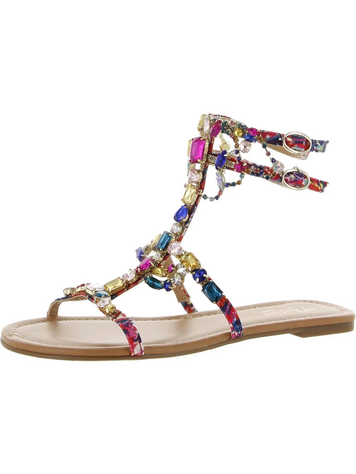 Jenesis Womens Rhinestone Faux Leather Gladiator Sandals