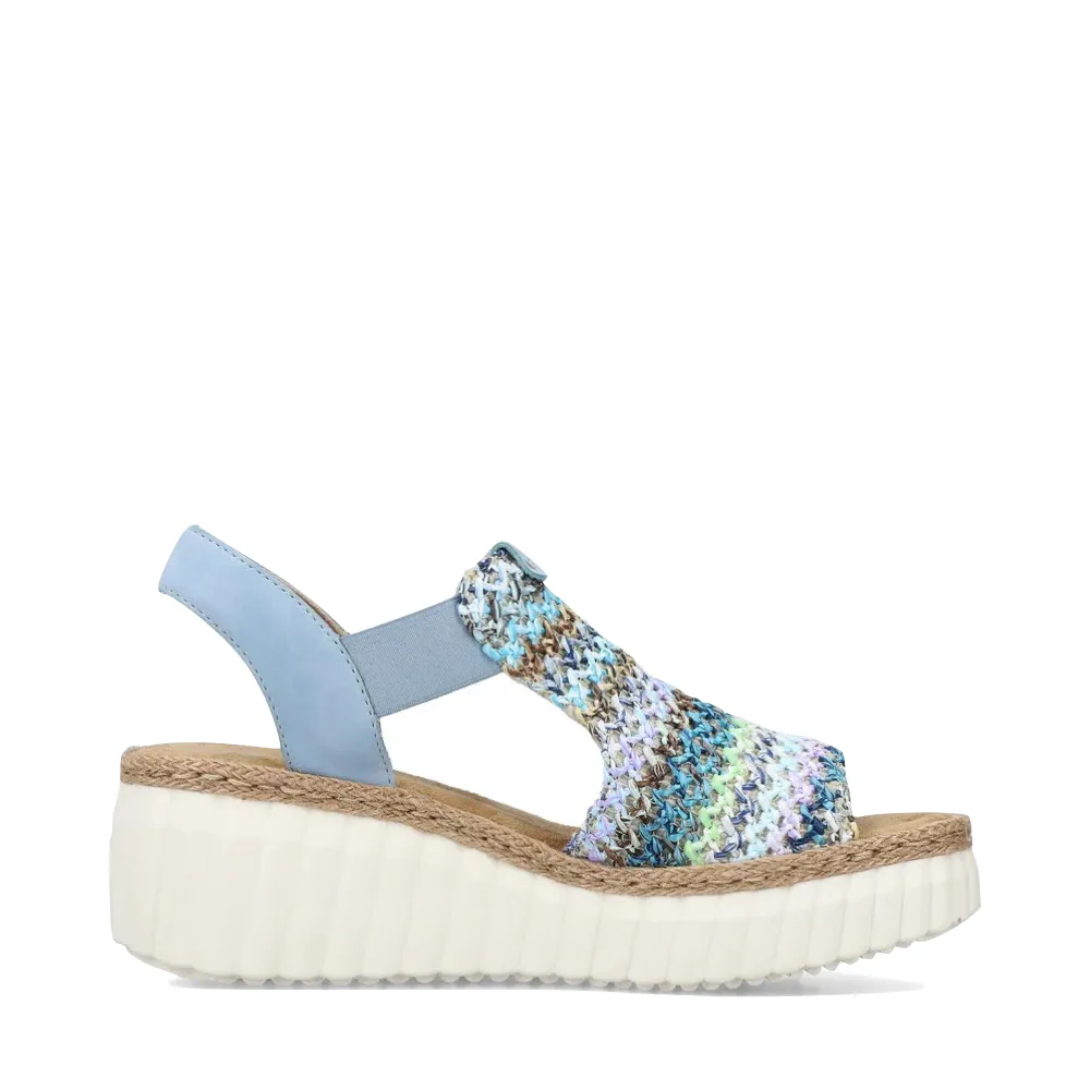 Rieker Women's Rose 72 Wedge Sandal in Blue Multi/Aqua