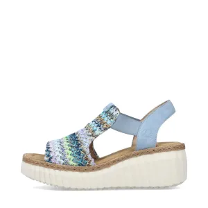 Rieker Women's Rose 72 Wedge Sandal in Blue Multi/Aqua