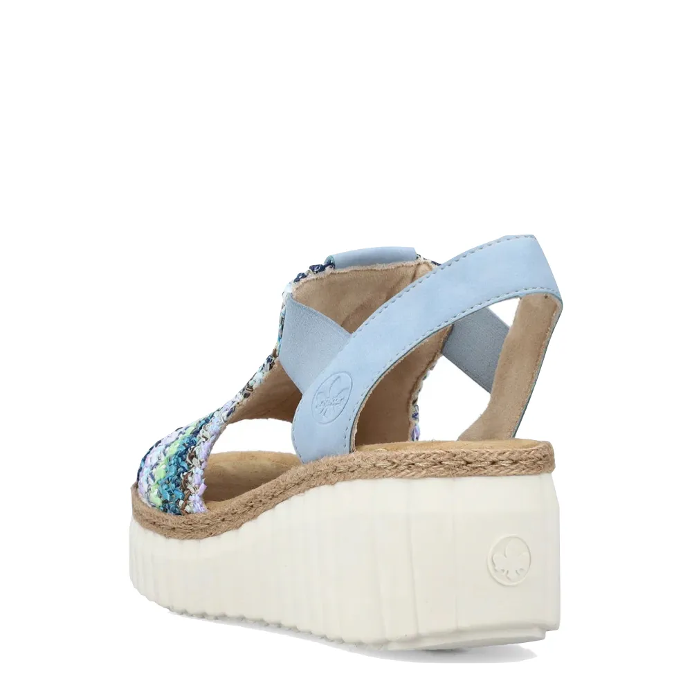 Rieker Women's Rose 72 Wedge Sandal in Blue Multi/Aqua