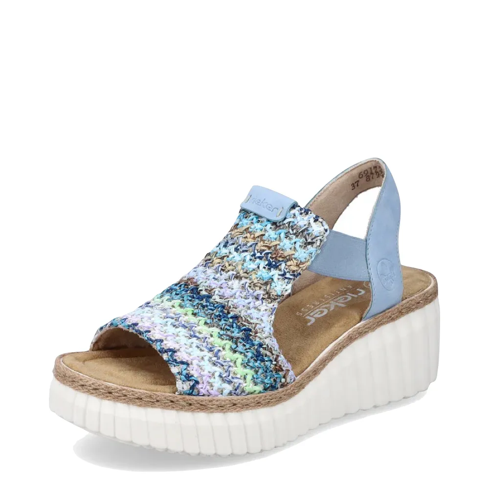 Rieker Women's Rose 72 Wedge Sandal in Blue Multi/Aqua