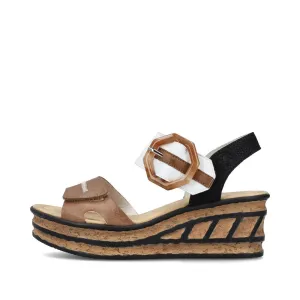 Rieker Women's Rose 76 Buckle Strap Wedge Sandal in White/Brown