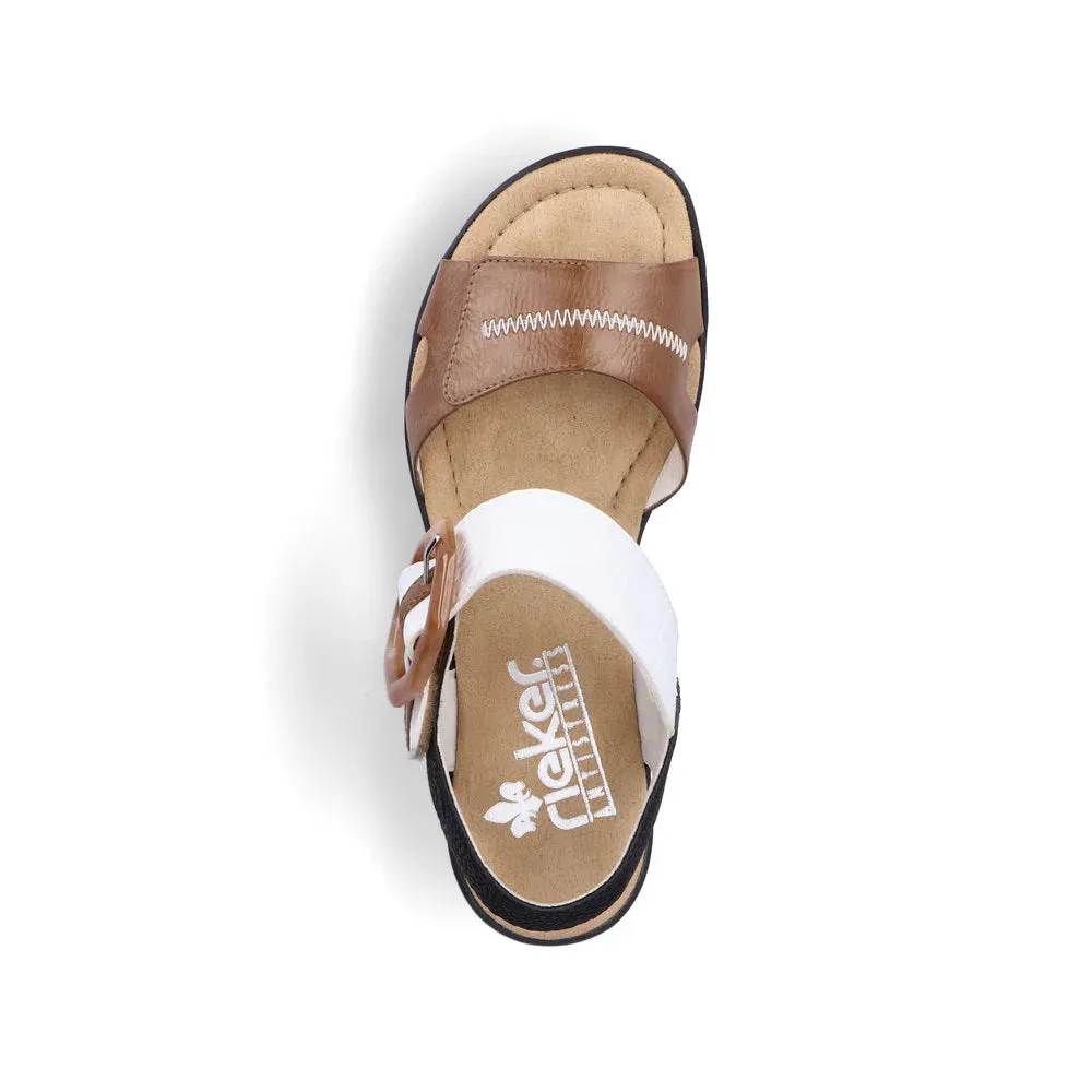 Rieker Women's Rose 76 Buckle Strap Wedge Sandal in White/Brown