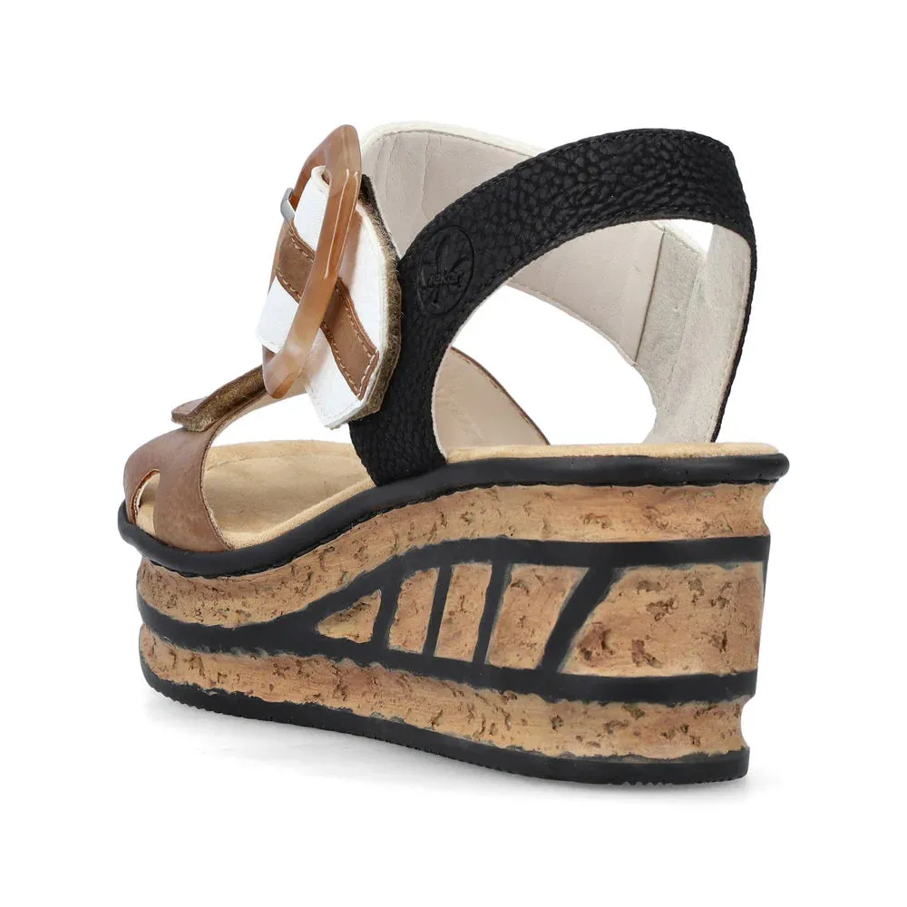 Rieker Women's Rose 76 Buckle Strap Wedge Sandal in White/Brown