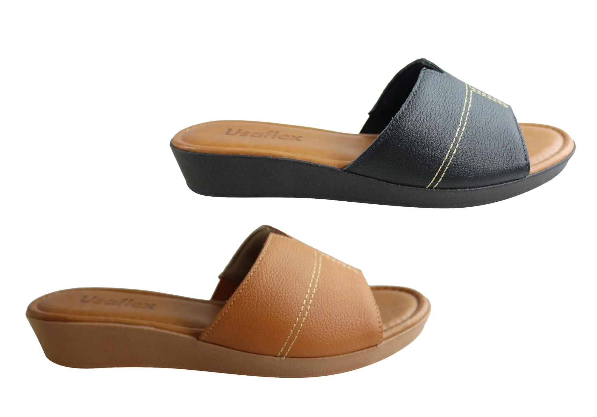 Usaflex Clover Womens Brazilian Comfy Cushioned Leather Slides Sandals Usaflex Shoes